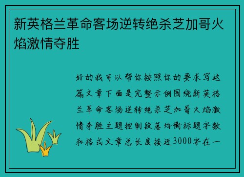 新英格兰革命客场逆转绝杀芝加哥火焰激情夺胜 新英格兰革命客场逆转绝杀芝加哥火焰激情夺胜